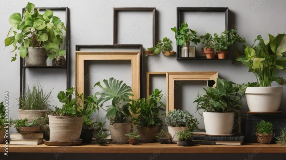 Potted plants on shelf with empty picture frames Potted plants on shelf with empty picture frames