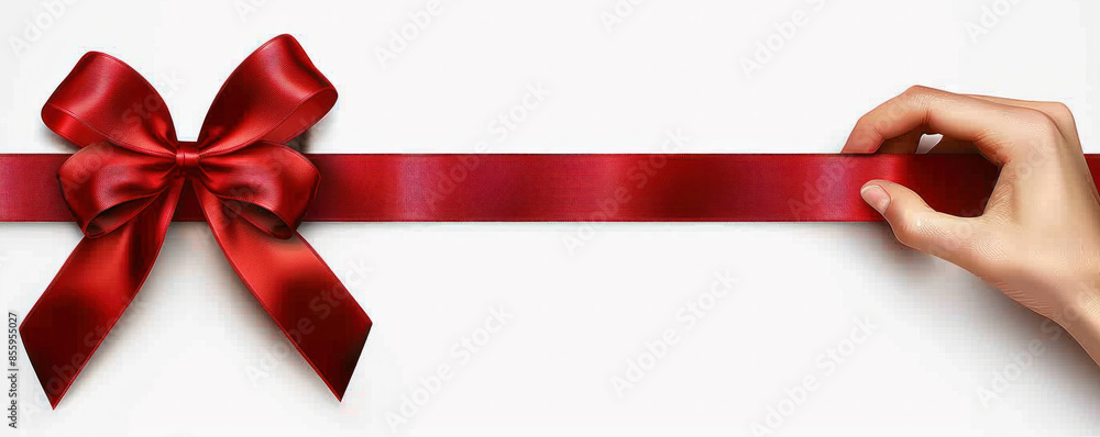 A hand is holding a red ribbon that is tied into a bow. Concept of celebration and joy A hand is holding a red ribbon that is tied into a bow. Concept of celebration and joy