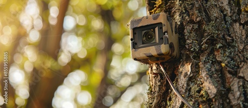 Camouflage wildlife camera trap on the tree. Copy space image. Place for adding text and design photo