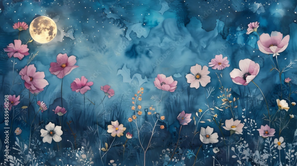 A watercolor painting of a night sky with a full moon and a field of flowers in the foreground. A watercolor painting of a night sky with a full moon and a field of flowers in the foreground.