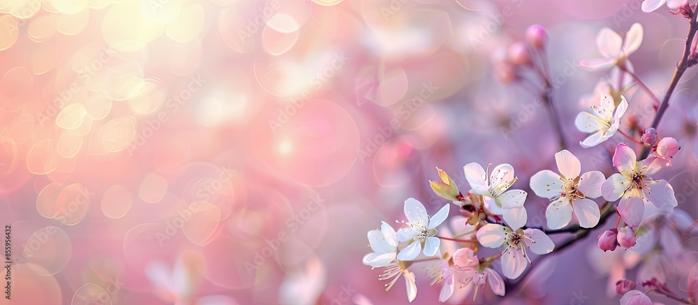 Close up of small white flowers on branch when spring time pastel background. Copy space image. Place for adding text and design Close up of small white flowers on branch when spring time pastel background. Copy space image. Place for adding text and design