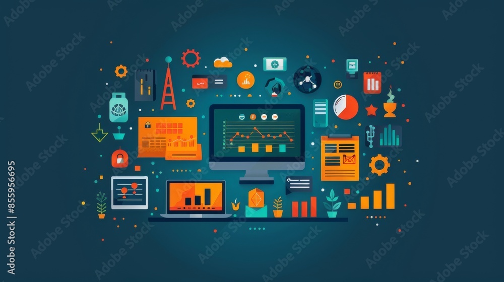 The concept shows a cycle of digital business with icons representing work process, customer relationship, target goal to achieve, planning and data, and analysis of report. It is presented on a blue The concept shows a cycle of digital business with icons representing work process, customer relationship, target goal to achieve, planning and data, and analysis of report. It is presented on a blue