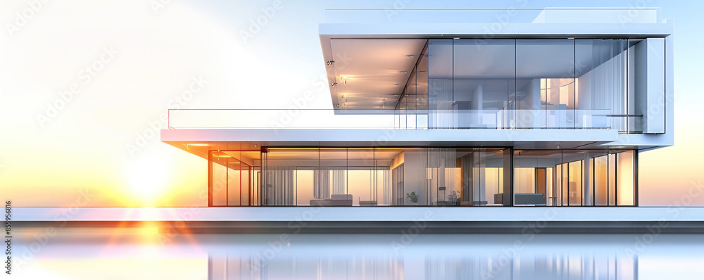 A large white house with a balcony overlooking a body of water. The sun is setting in the background, casting a warm glow on the building. The house is modern and sleek A large white house with a balcony overlooking a body of water. The sun is setting in the background, casting a warm glow on the building. The house is modern and sleek