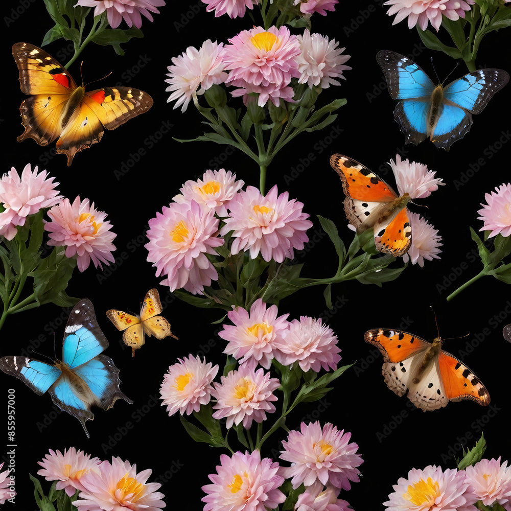 Fototapeta premium Butterfly on a flower isolated on black background with clipping path
