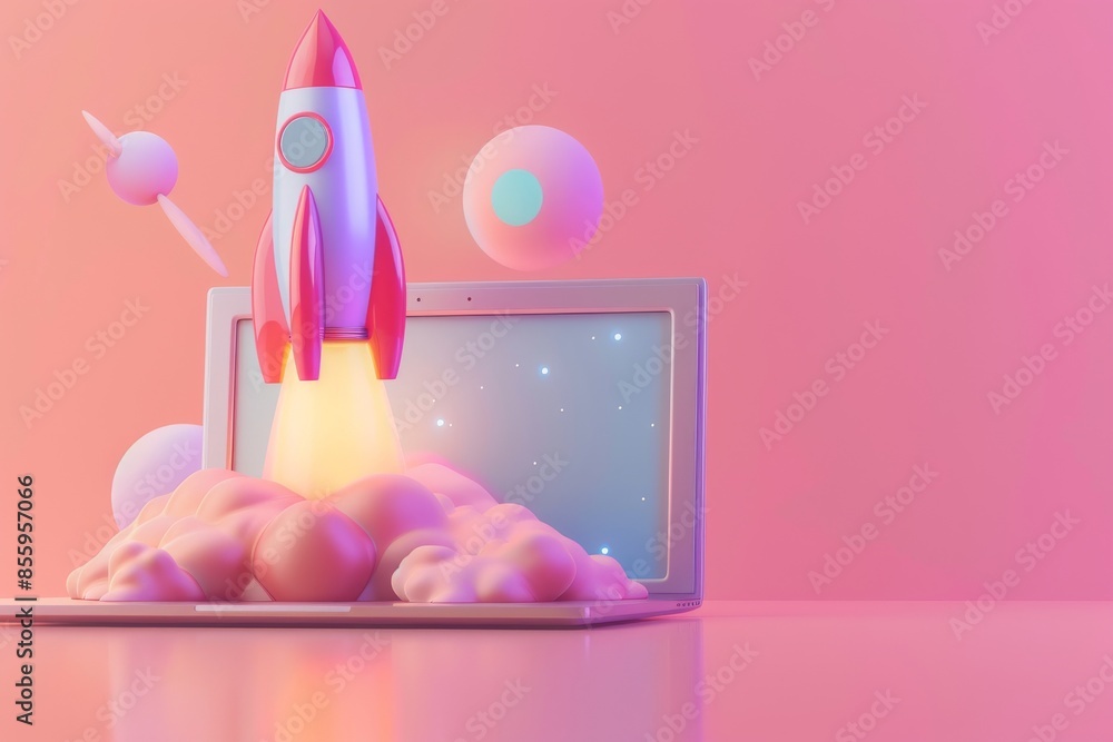 Digital illustration of a rocket bursting from a laptop screen. Gradient minimalist style.