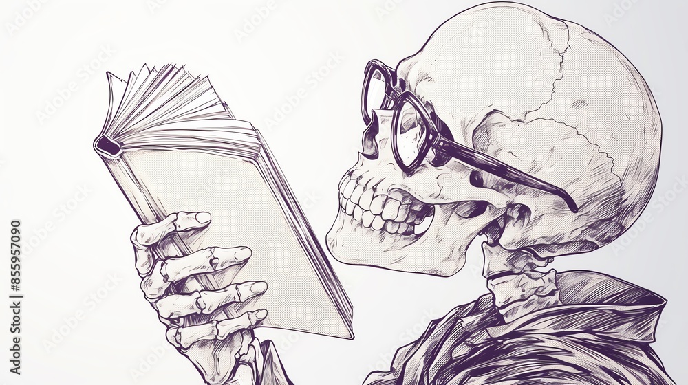Sketched illustration of a skeleton wearing glasses while reading a book, showcasing a unique blend of macabre and intellectual themes.