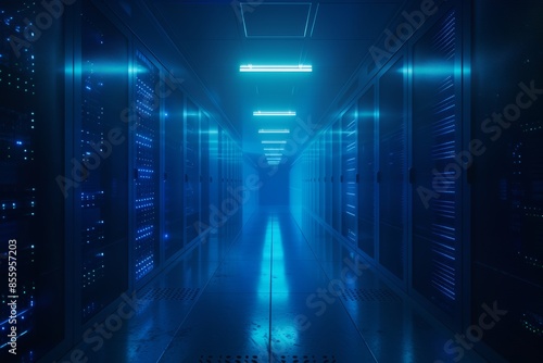 Cloud data center with computer networking server room in a warehouse. Information technology concept. Stock market.