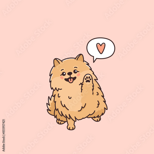 Cute Pomeranian spitz dog with speech bubble and heart. Funny pet in kawaii style. Small purebred puppy, animal smiling. Zwergspitz. Vector illustration. Valentine's Day card, t-shirt print or sticker