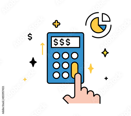 Saving economy and business people working on desk office with using a calculator to calculate the numbers, finance accounting concept outline style vector illustration.
