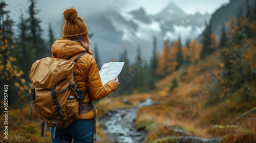 An adventurous hiker clad in a bright yellow jacket studies a map amidst the stunning backdrop of rugged mountains partially covered with snow.