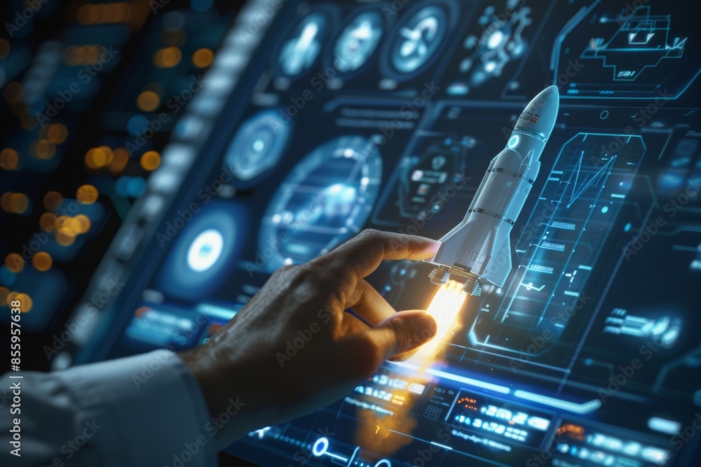 An executive touches a Hologramm of a stock chart An executive touches a Hologramm of a stock chart