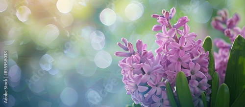 lilac Hyacinth blooming , close up. Copy space image. Place for adding text and design