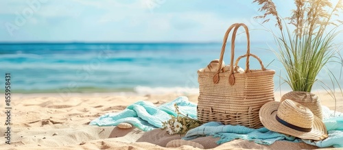 Having picnic with fresh bread, straw bag and hat on blanket at sandy beach over sea shore at background. Summer season. Vacation time. Copy space image. Place for adding text and design photo