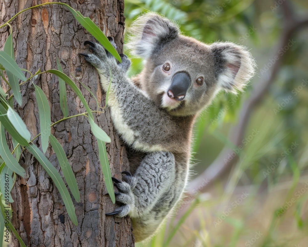 A baby koala is clinging to a tree branch A baby koala is clinging to a tree branch