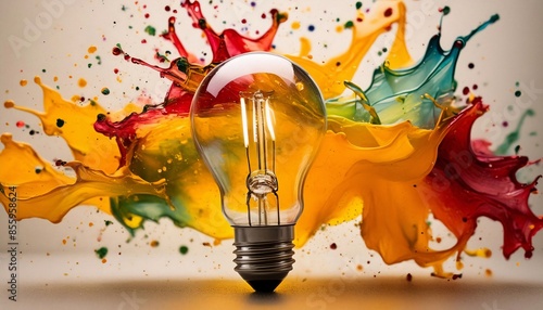 Conceptual abstract illustration in grangy style, with light bulb and colorful splashing shapes. photo