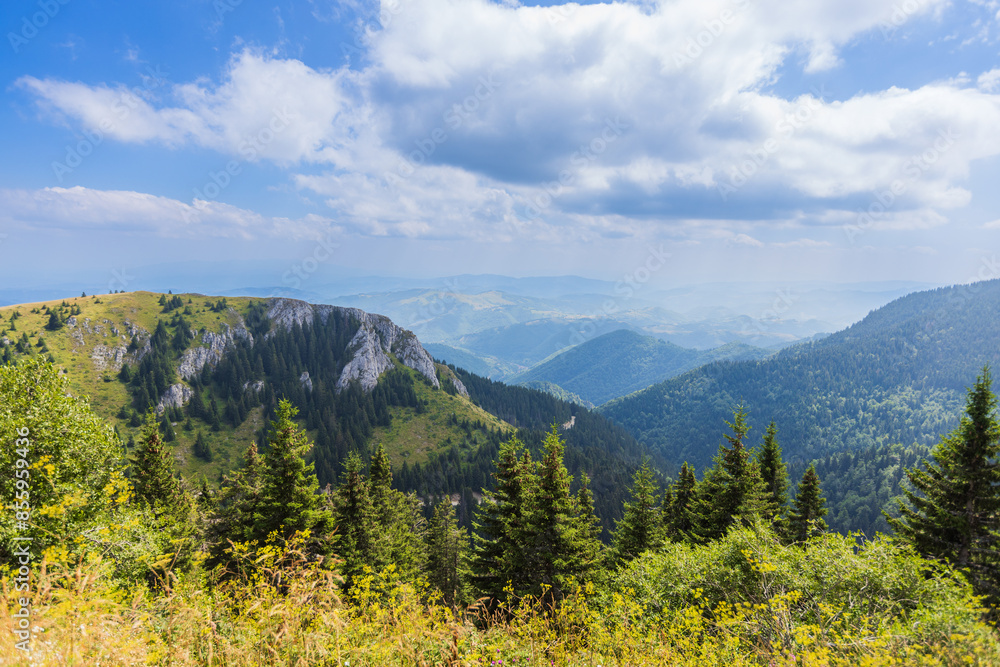 Panoramic View Of Kopaonik Mountains, Serbia, Lush Greenery Hills And A Vibrant Blue Sky WIth Clouds, Showcasing Natural Beauty On Summer Day Panoramic View Of Kopaonik Mountains, Serbia, Lush Greenery Hills And A Vibrant Blue Sky WIth Clouds, Showcasing Natural Beauty On Summer Day