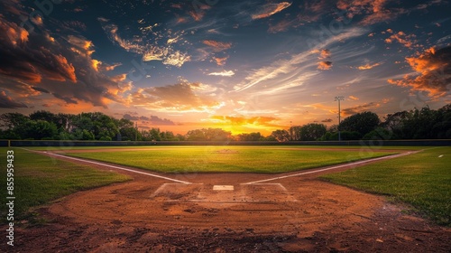 Golden Hour on the Baseball Field - Scenic Sunset Landscape with Copy Space for Text photo