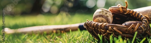 Baseball Equipment on Green Grass with Copy Space for Text