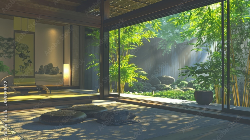Sliding paper doors opening to an Engawa seating area Sliding paper doors opening to an Engawa seating area