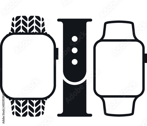 Apple watch icons with different patterned straps and dial button in Smart Device Outline icon Isolate on White Background. Collection of Smart watch ultra pro sports  gadgets for time icons set