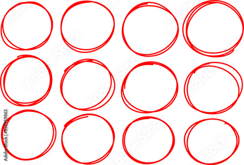 Drawn pen line oval set. Hand drawn marker stroke style doodle oval frame. Scribble round frame for text highlight. Vector illustration set.