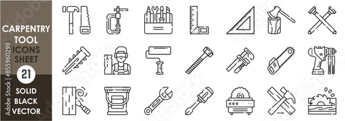 A set of line icons related to carpentry tools. Carpenter, tools, saw, wrench, scale, driller, hammer, paint and so on. Vector outline icons set.
