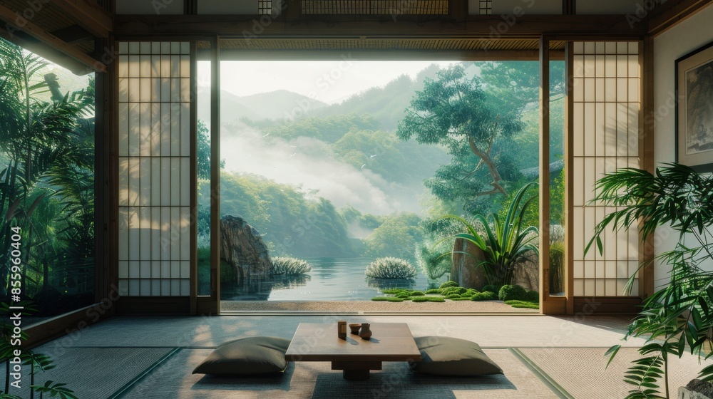 Fototapeta premium Sliding paper doors opening to an Engawa seating area