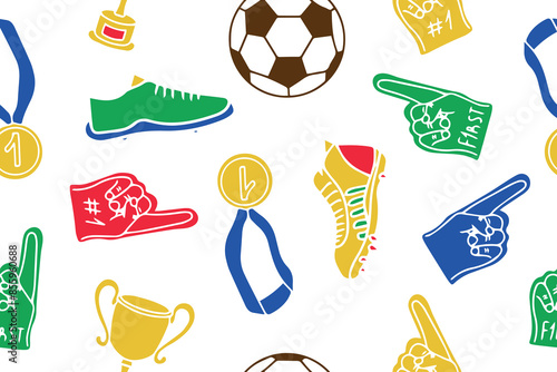 Seamless pattern of clothing and paraphernalia of football players in doodle style. Football decorative illustration. 