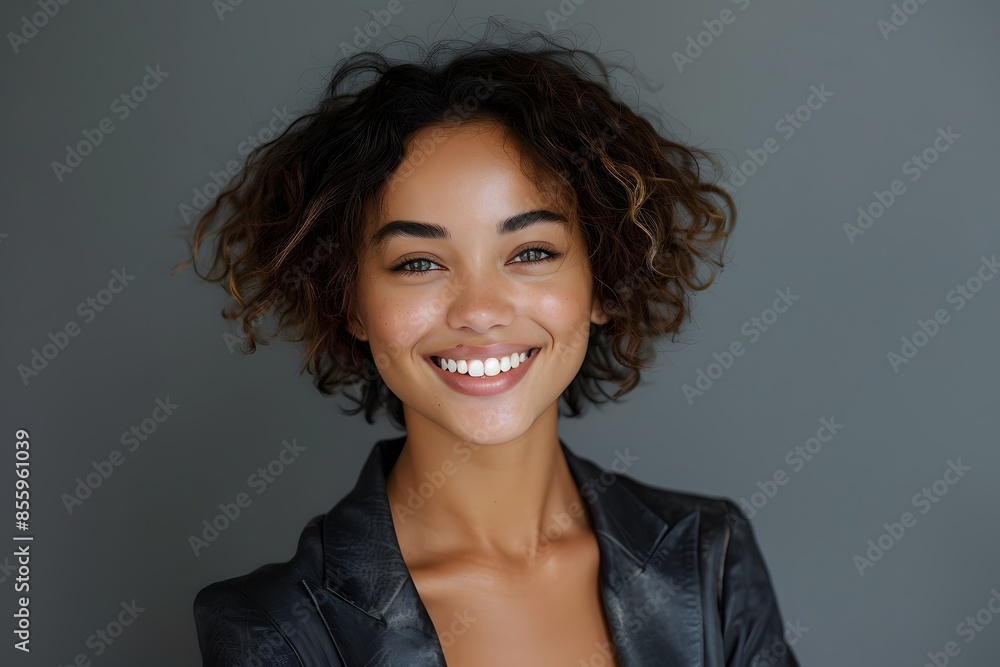 Woman smiles with arms crossed in black leather jacket Woman smiles with arms crossed in black leather jacket