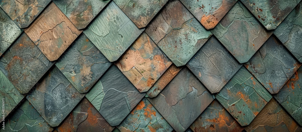 Abstract texture background from asphalt roof and wall shingle. Diagonal geometric pattern in brown, gray, green. Rhombuses and lines. The beauty of geometry. Bituminous tiles Abstract texture background from asphalt roof and wall shingle. Diagonal geometric pattern in brown, gray, green. Rhombuses and lines. The beauty of geometry. Bituminous tiles