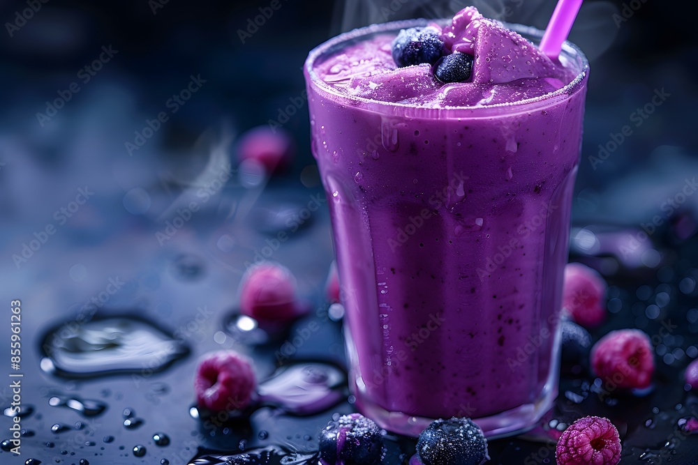 Glass with blueberries and raspberries, straw Glass with blueberries and raspberries, straw