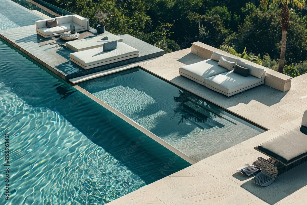 Obraz premium The luxury home's poolside area, designed with contemporary aesthetics, provides a perfect blend of modern functionality and timeless elegance