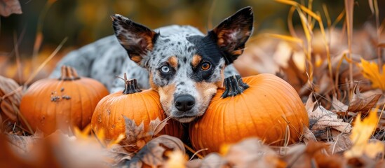 Dog with pumpkins. Halloween holidays. Australian Cattle Dog Dog with pumpkin. Harvest. Thanksgiving day. Blue Heeler dog. Copy space image. Place for adding text or design
