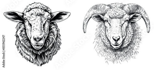 This is a vintage engraving isolated lamb set illustration with ram ink sketch. The background is a farm animal sheep with the silhouette of a mutton.