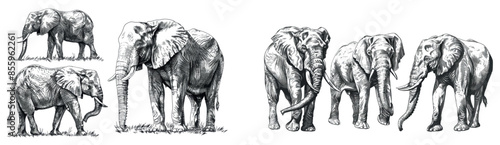 A vintage engraving of an isolated elephant set illustration. A black and white drawing of a silhouette animal.