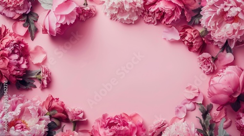 Wedding Invitation. Abstract Floral Frame with Peonies and Roses on Pink Background