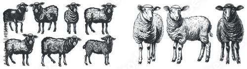 Isolated vintage engraving lamb set illustration ink sketch. Farm animal sheep background silhouette art. Hand drawn black and white contemporary image.