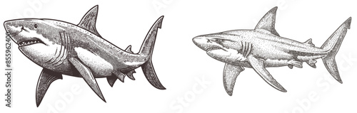 Ink sketch of wild hammer sharks lying on a white background. Vintage isolated saw fish illustration.