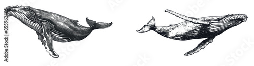 An isolated blue whale set illustration created by engraving. Wild cachalot background line giant dolphin artwork.