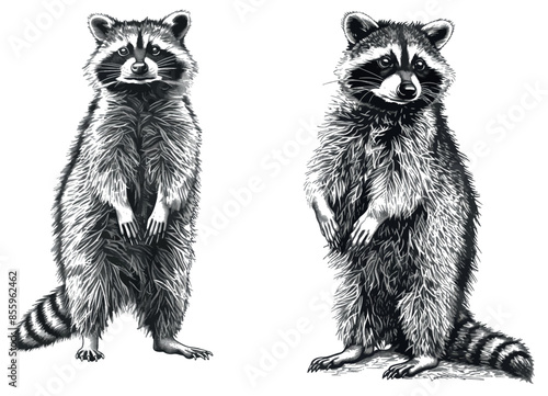 This is a vintage engrave isolated racoon illustration cut ink sketch. This modern art illustration depicts a wild pet line thieving racoon in the background.