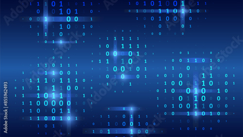 Blue background with data flow. Binary code, artificial intelligence. Program code. Computer background of numbers. Analytics, sorting, structuring, information transfer.