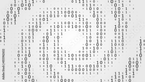 Program code. Computer background of numbers in the form of a spiral. Analytics, sorting, structuring, information transfer. Gray background with a data stream. Binary code, artificial intelligence.