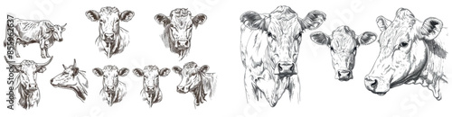 This is a hand drawn reproduction of a vintage engraving of a cow set illustration. Black and white modern image of beef animal silhouettes on a farm bull background.