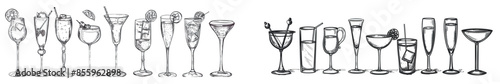 The modern illustration shows a black and white engraved drink set isolated on a white background