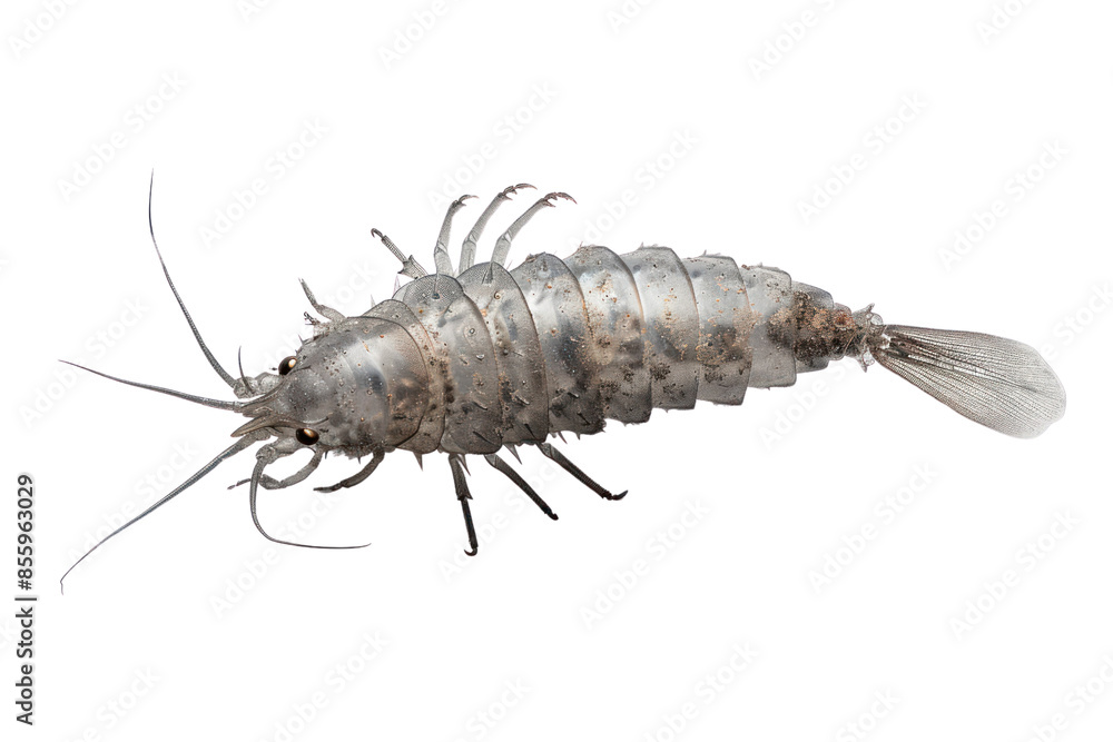 Close-up image of a small marine crustacean isolated on a white background, showcasing its detailed structure and natural coloration. Close-up image of a small marine crustacean isolated on a white background, showcasing its detailed structure and natural coloration.