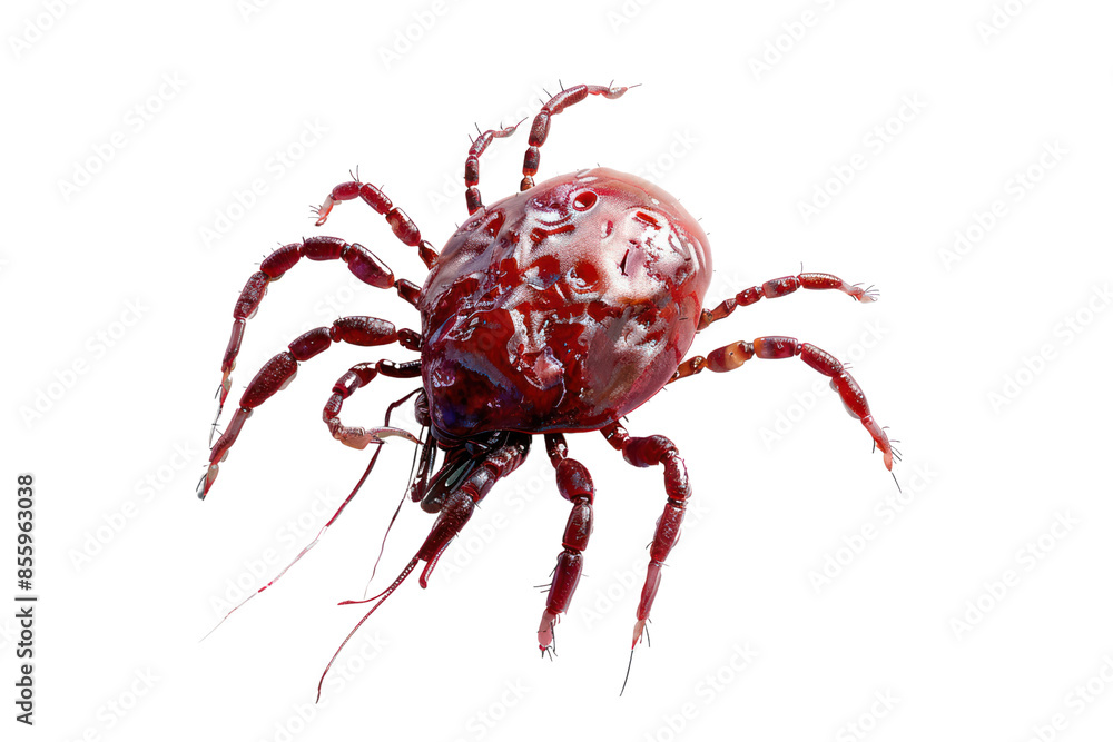 Close-up image of a red tick insect with detailed texture, isolated on a white background, highlighting its anatomy and natural complexity. Close-up image of a red tick insect with detailed texture, isolated on a white background, highlighting its anatomy and natural complexity.