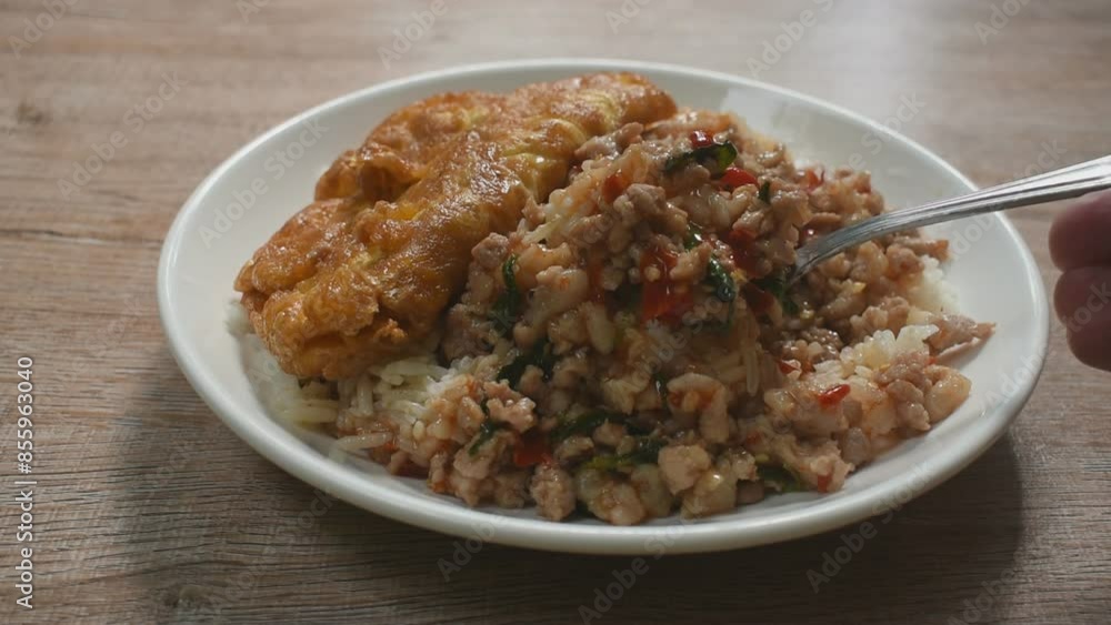 spicy stir fried chop pork with chili and basil leaf mixed rice topping crispy egg omelette scooping by spoon on plate spicy stir fried chop pork with chili and basil leaf mixed rice topping crispy egg omelette scooping by spoon on plate
