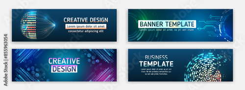Modern banner design with technology element. Data protection, internet communication, science, big data, cover design set. Sci-fi vector sample concept. High-tech horizontal banner template.