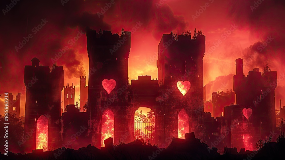Fototapeta premium A watercolor silhouette paints a picture of fantasy, featuring a red and pink hearts castle, a fortress of love and passion 8K , high-resolution, 
