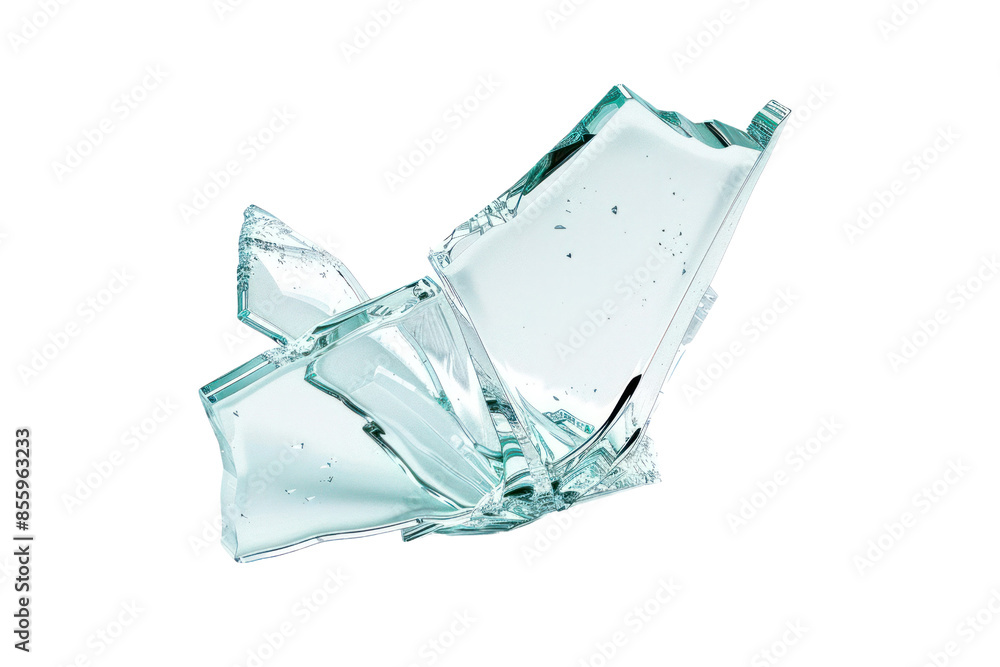 Close-up of a sharp, transparent, broken glass shard isolated on a white background, conveying fragility and danger. Close-up of a sharp, transparent, broken glass shard isolated on a white background, conveying fragility and danger.